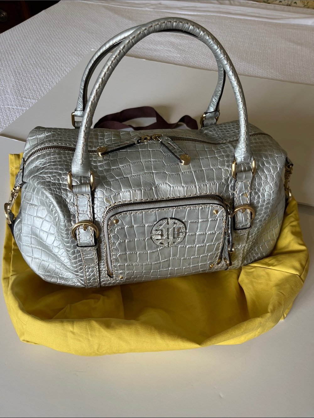 Antonio Melani Silver Metallic Croc Embossed Leather Satchel Y2K Bowler Bag